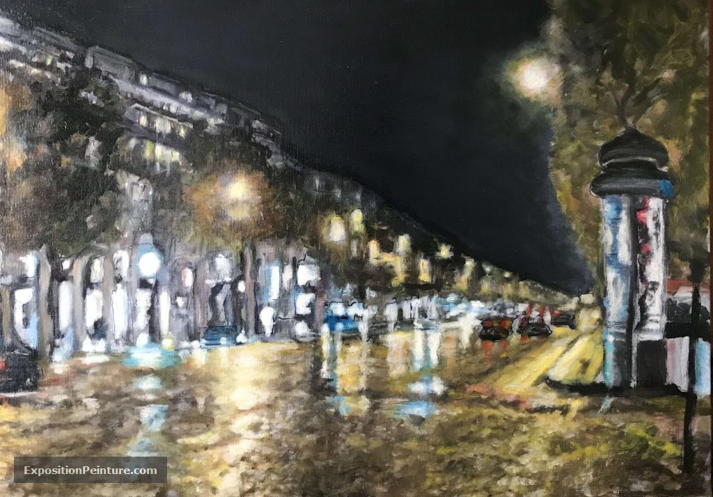 Peinture Champs Élysées soir de pluie