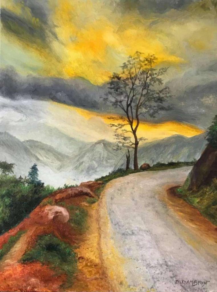 Peinture Coucher de soleil sur route de montagne