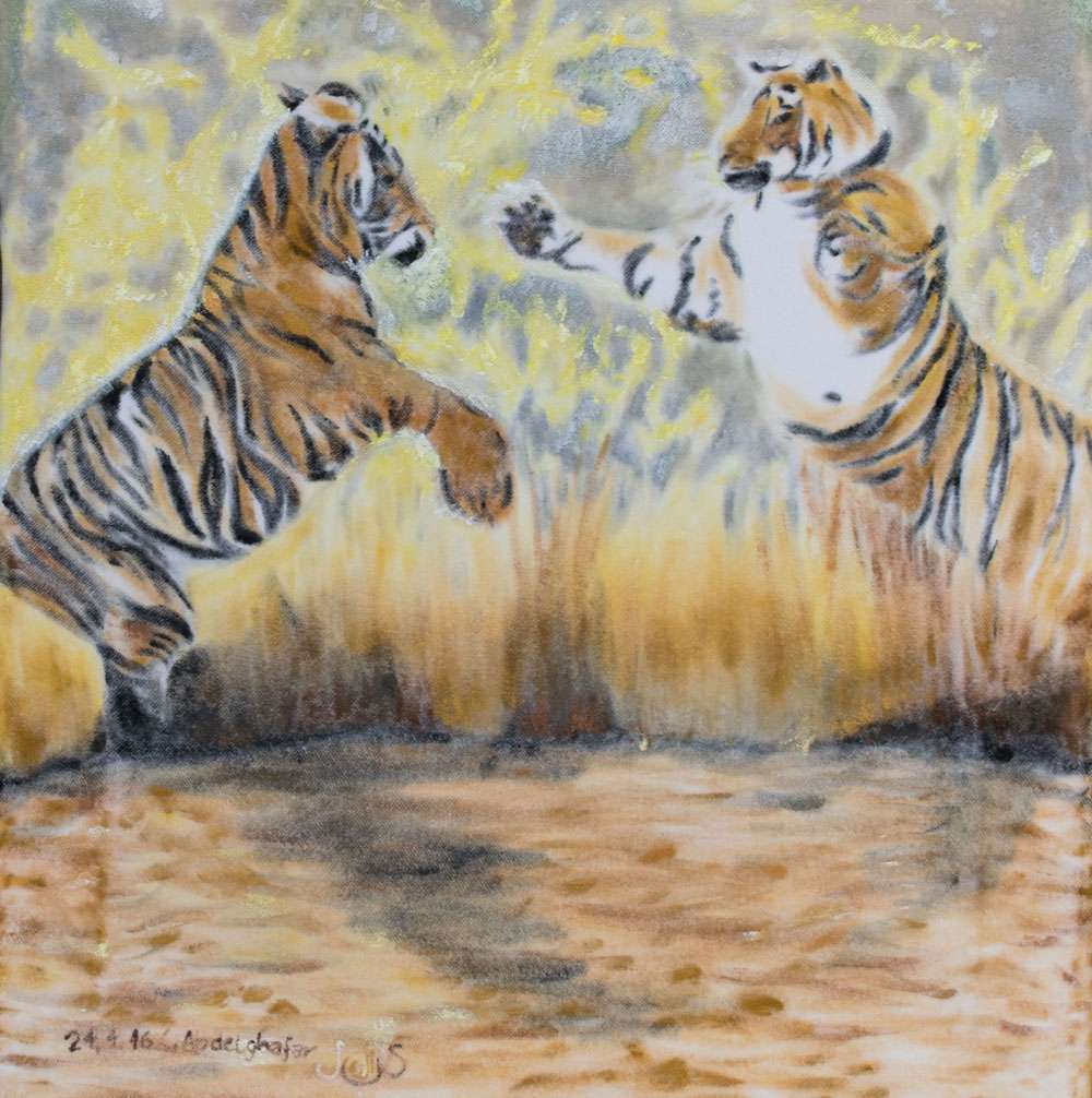 Peinture Deux tigres se battant