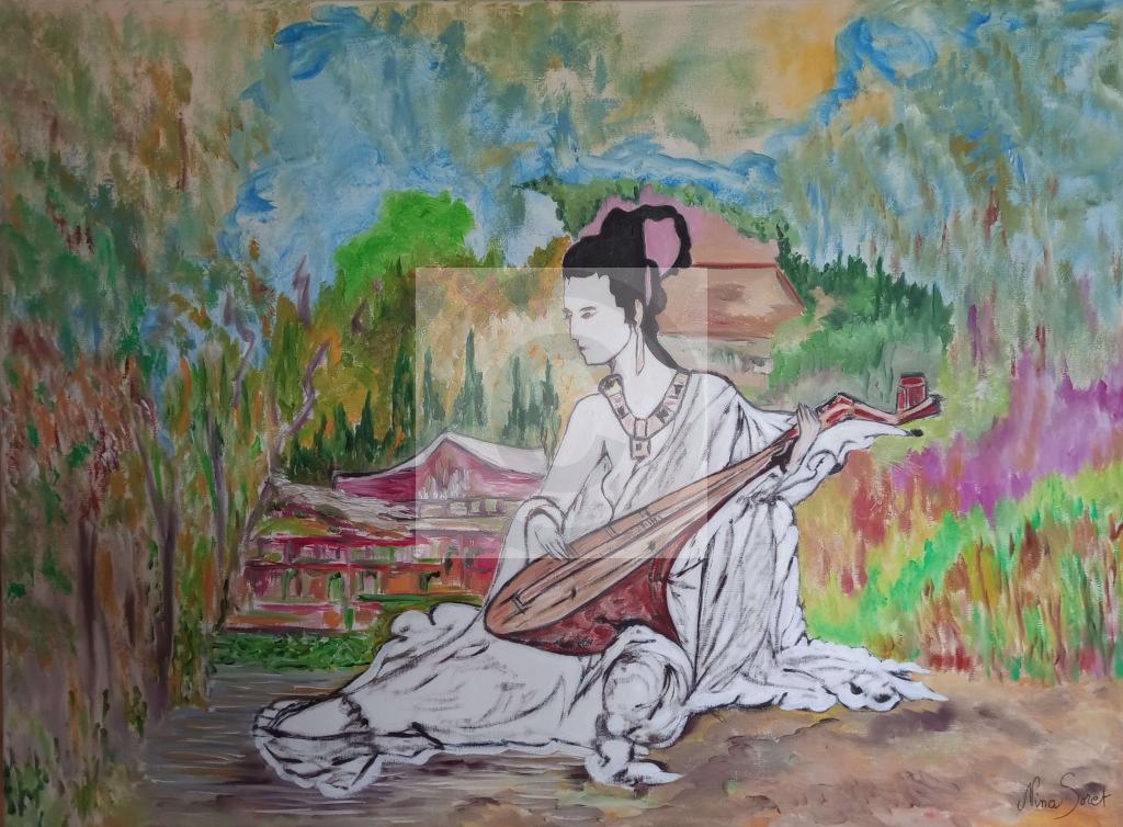 Peinture Estampe Japonaise  Geisha musicienne