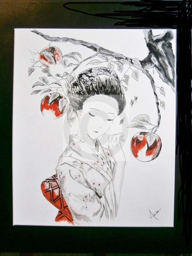 Peinture geisha à la pomme