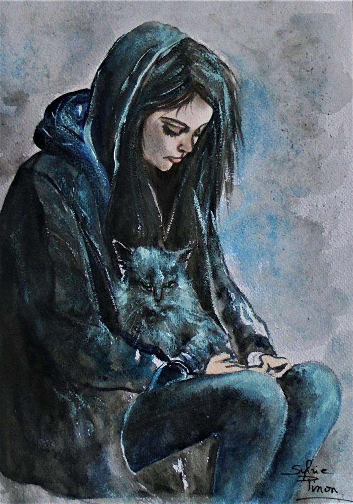 Peinture jeune fille avec le chat