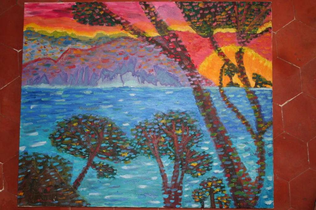 Peinture La Calanque de Port Pin au coucher du soleil
