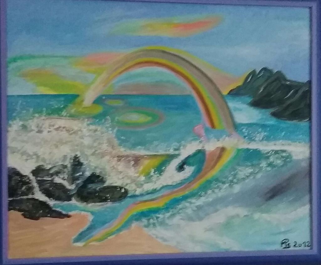 Peinture La mer et l'arc en  ciel