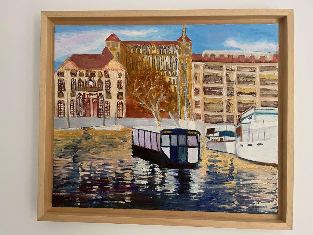 Peinture Le Vieux-Port côté Mairie avec le ferry-boat