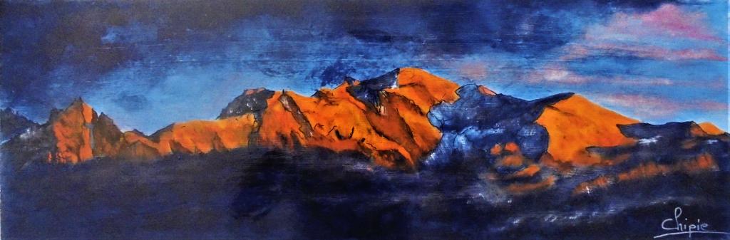 Peinture lever du jour sur la chaîne du Mt Blanc