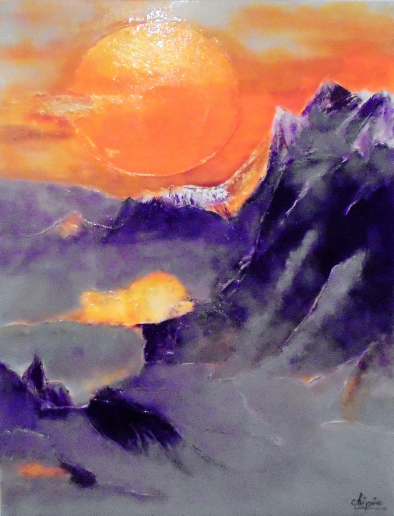 Peinture montagne soleil