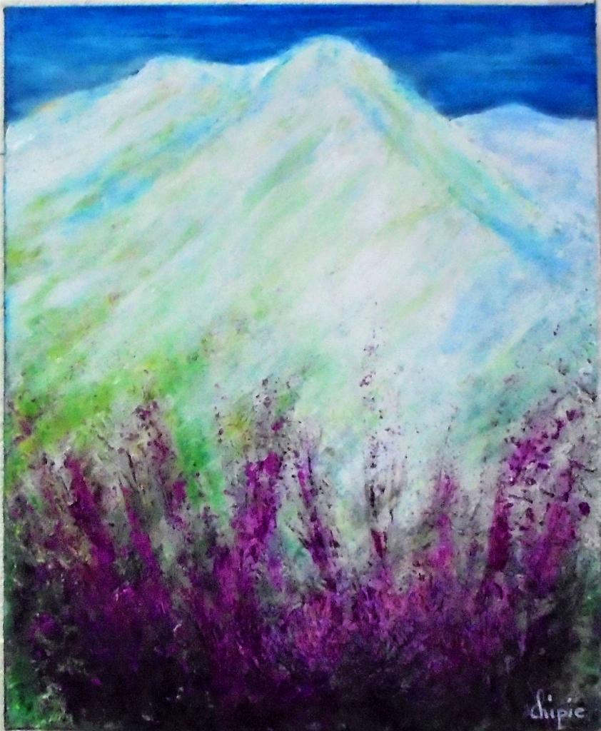Peinture montagnes et fleurs