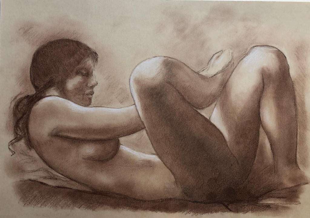 Peinture Nu féminin - fusain .copie d'un dessin de Belmondo
