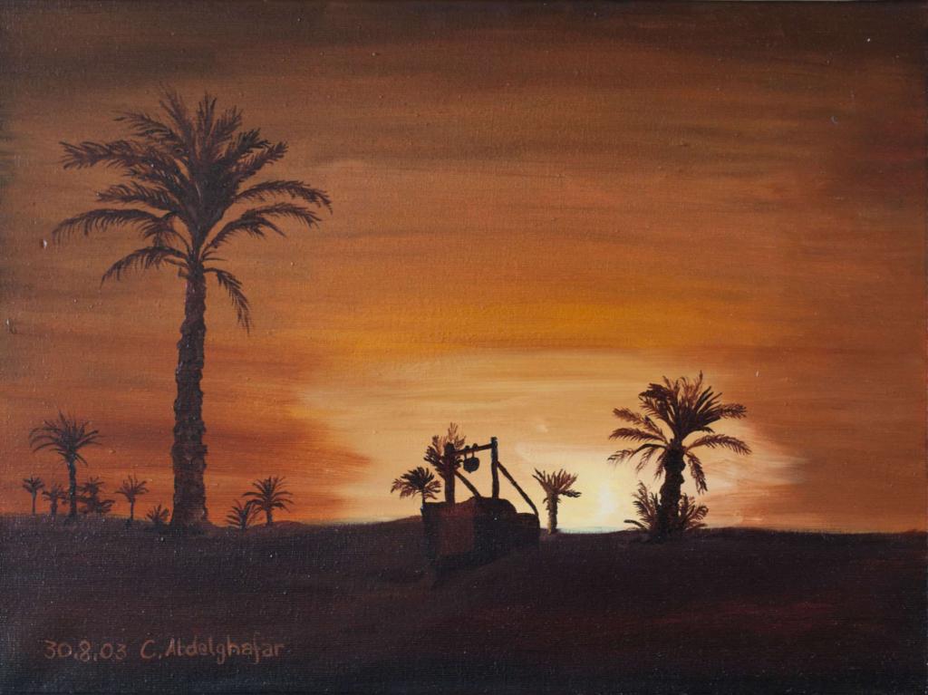 Peinture Oasis au coucher du soleil
