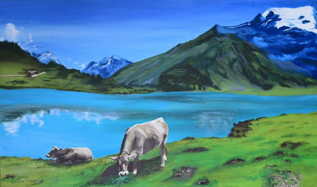 Peinture Paysage en Suisse avec deux vaches