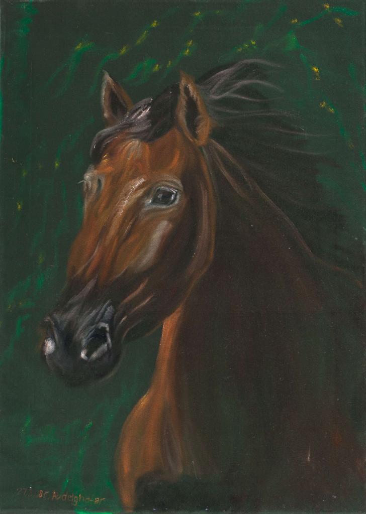 Peinture Portrait de chevau marron sur velours vert