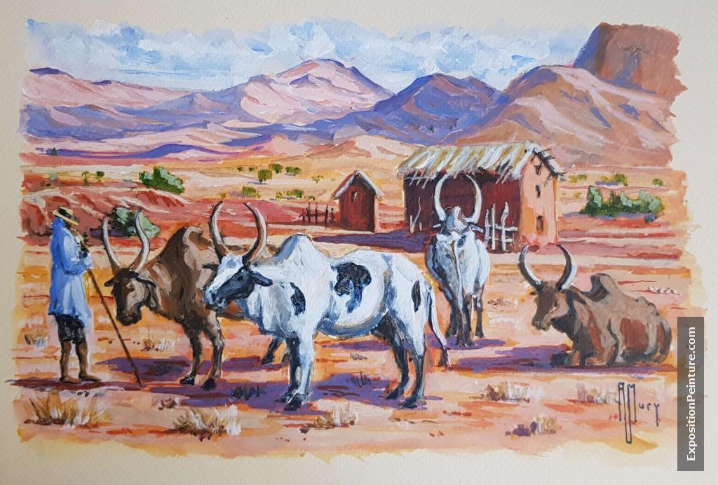 Peinture Zébus MADAGASCAR